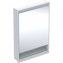 GEBERIT ONE zrcadlová skříňka vestavná 60x90x15 cm, osvětlení s regulací stmívání a teploty světla, s vypínačem a el. zásuvkou, Bluetooth, panty vlevo, hliník, bílá